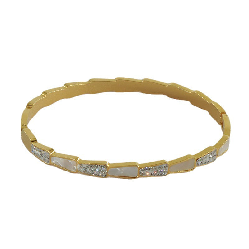 Classic style snake bone shaped gold-plated white shell mud diamond bracelet titanium steel bracelet