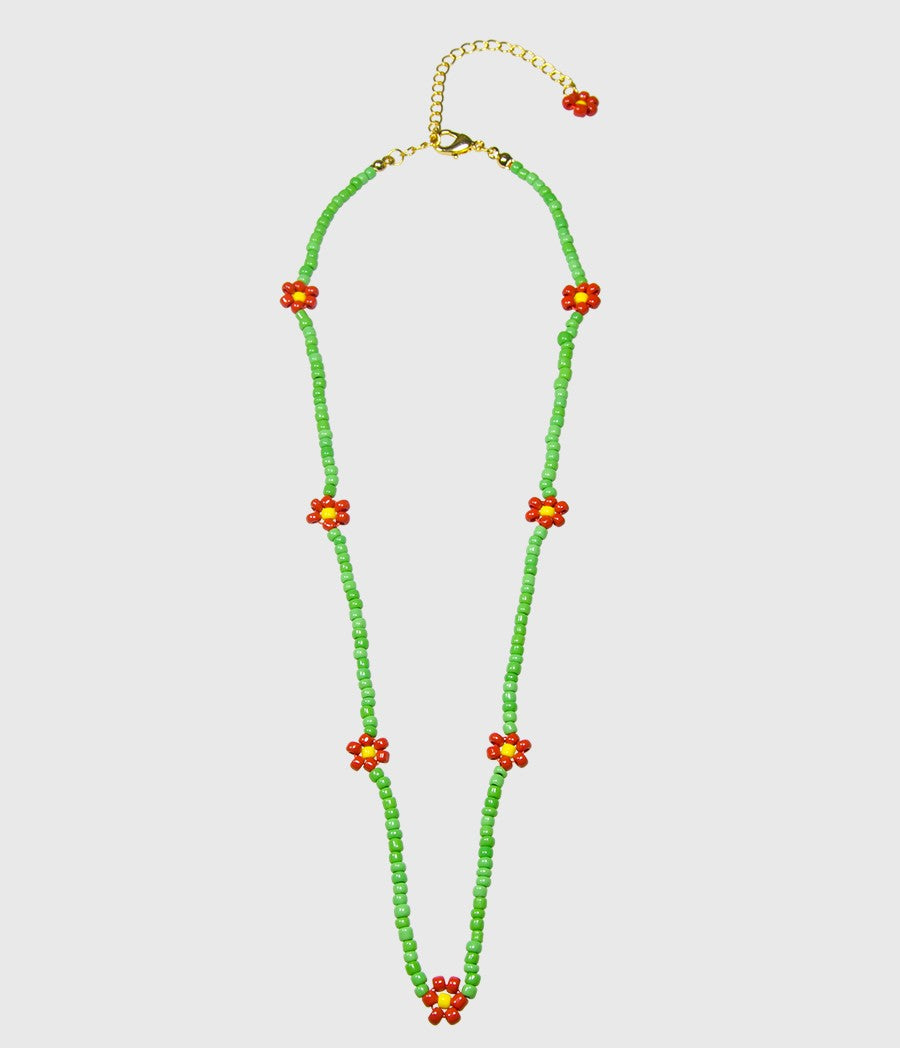 Natural Fresh Small Red Daisy Green Rice Bead Necklace