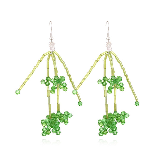 Long Dangle Green Crystal Handwoven Rice Bead Earrings