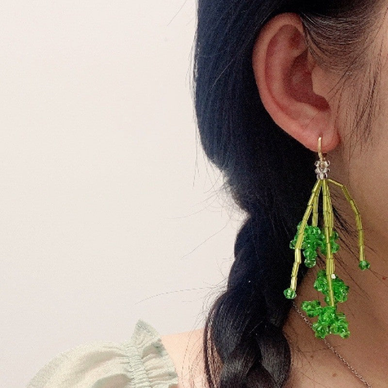Long Dangle Green Crystal Handwoven Rice Bead Earrings