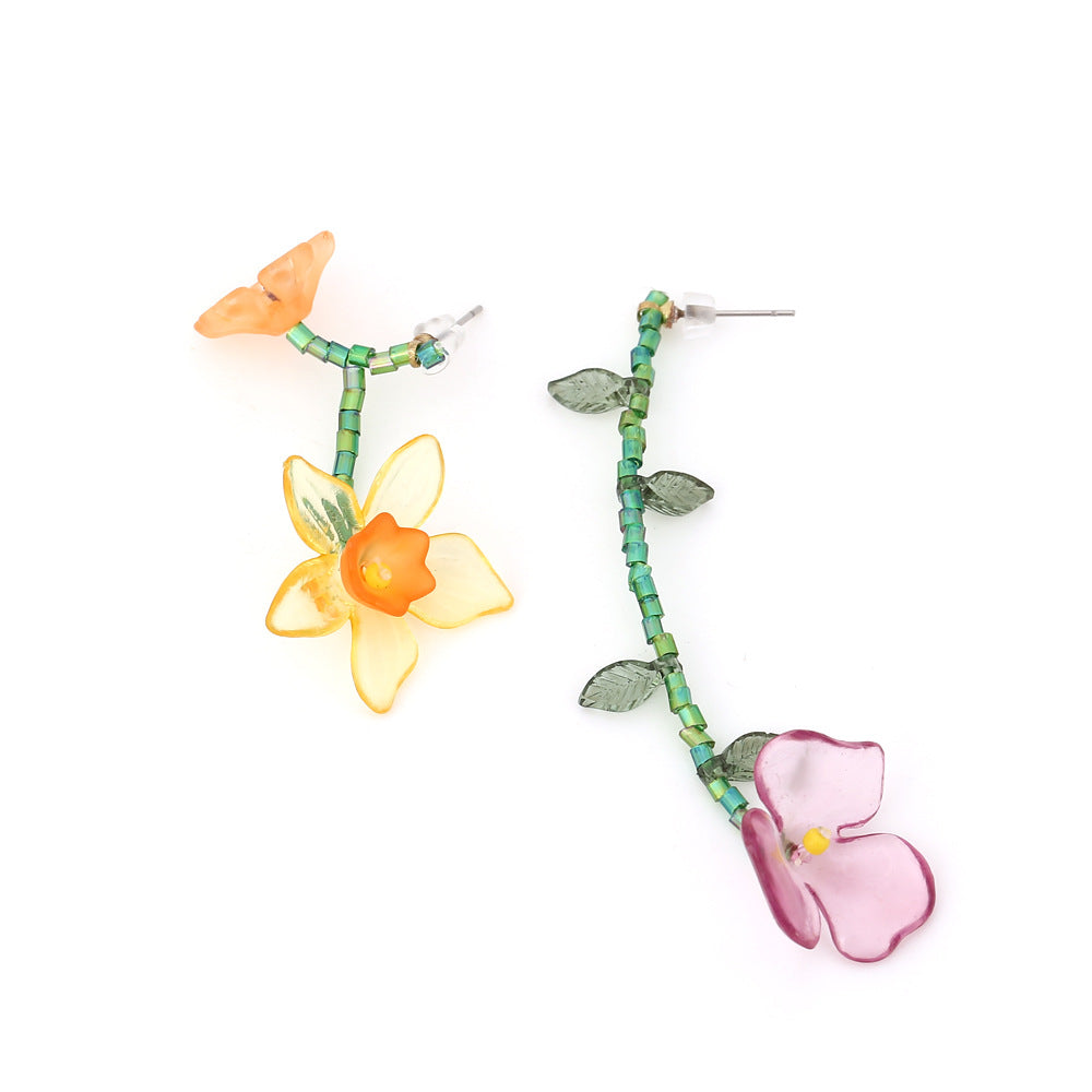 Personality Asymmetrical Flowers Handwoven Resin Beaded Earrings