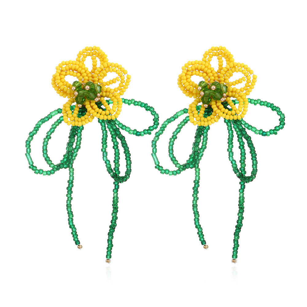 Pastoral Style Cute Girly Heart Hand Braided Rice Beads Flower Earrings
