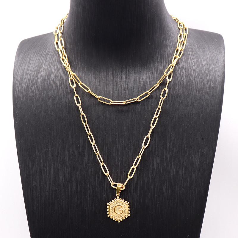 Fashionable 2 Layers Gold Plated Hexagon Alphabet Pendant Paperclip Necklace