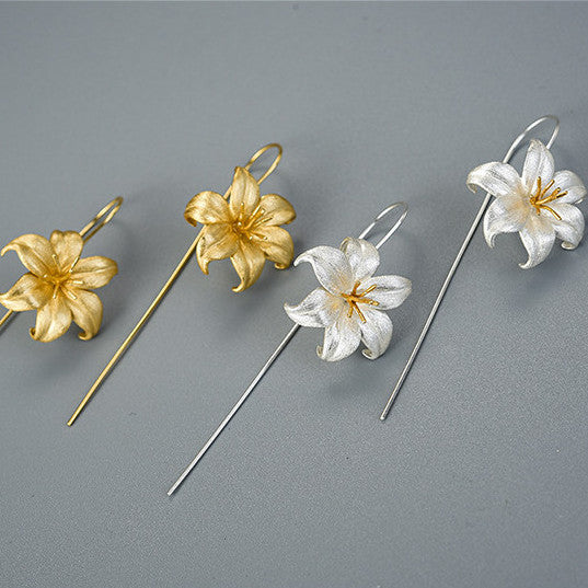Happy Noble Lily Flower Gold / Silver Plated Sterling Silver S925 brincos para mulheres