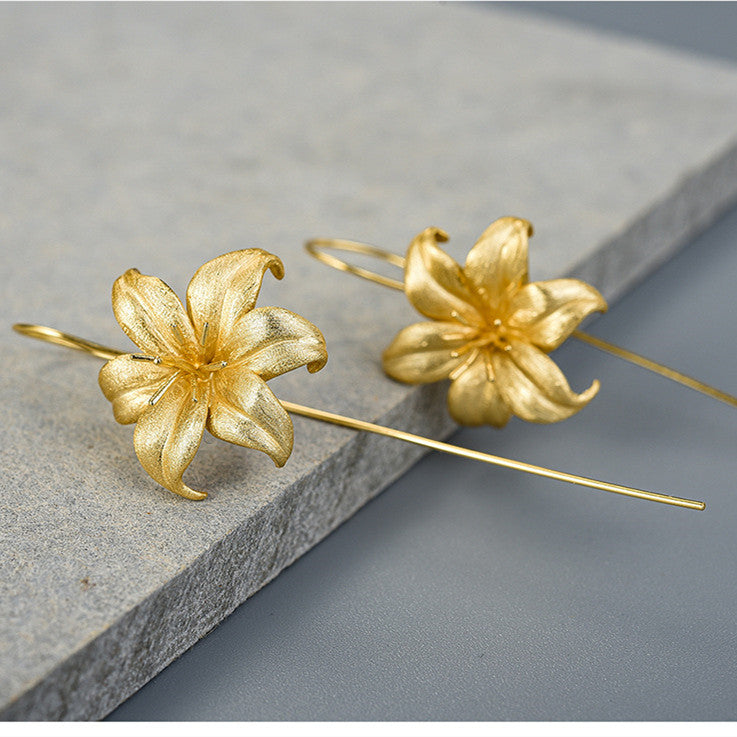 Happy Noble Lily Flower Boucles d'oreilles en argent sterling plaqué or/argent S925 pour femmes