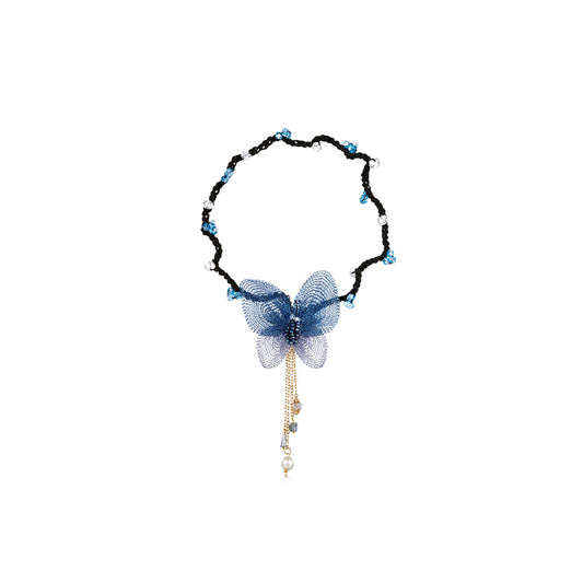 Merian Dream Butterfly Series Handmade Crystal Pearl Pendant Tassel Butterfly Hair Rope Hair Tie for Women