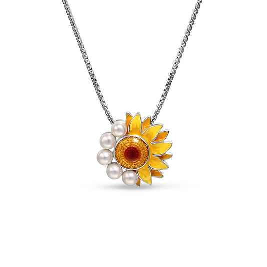 Luxury Sunflower Freshwater Pearl Necklace in 925 Sterling Silver