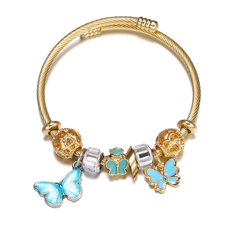 Open stainless steel titanium steel bracelet gold pink gradient Butterfly Pendant Beads Korean jewelry