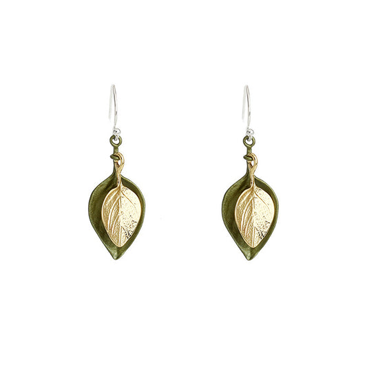 Vintage 925 Silver Needle Basil Double Leaf Gold-plated Earrings for Women