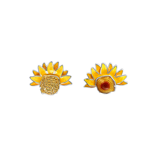 Sunflower Inlaid Pearl Asymmetrical Personality Ear Studs