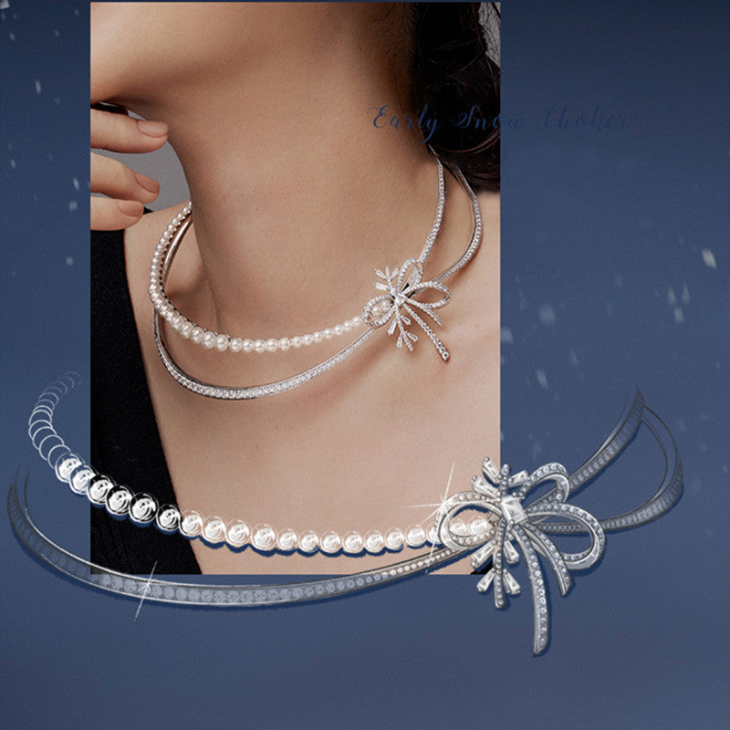 Snow White Ribbon Light Luxury Double layered Necklace