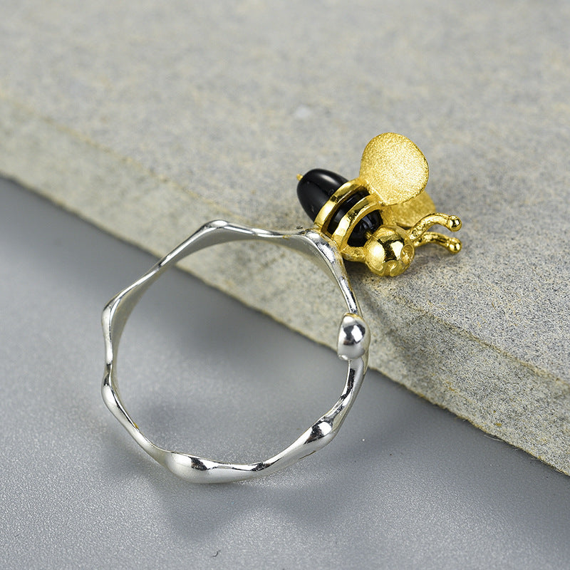 Anel de ágata natural de mel e abelha criativa em prata de lei S925