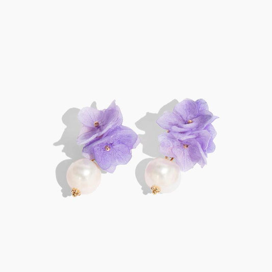 Purple Hydrangea Natural Pearl Ear Studs in 925 Sterling Silver