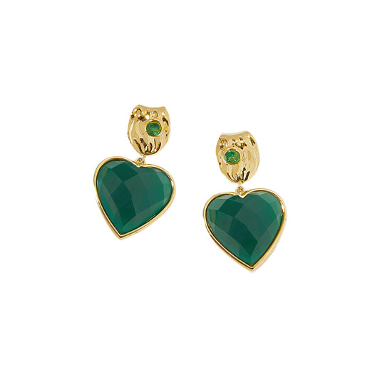 Vintage Heart-shaped Green Agate Stone Gold Plated Earrings
