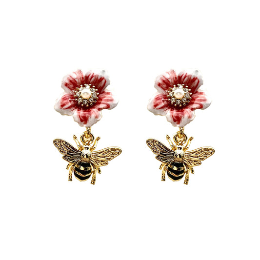 Personalized Creative Fairy Tale Wind Gold Plated Enamel Bright Flower Bee Earrings for Women