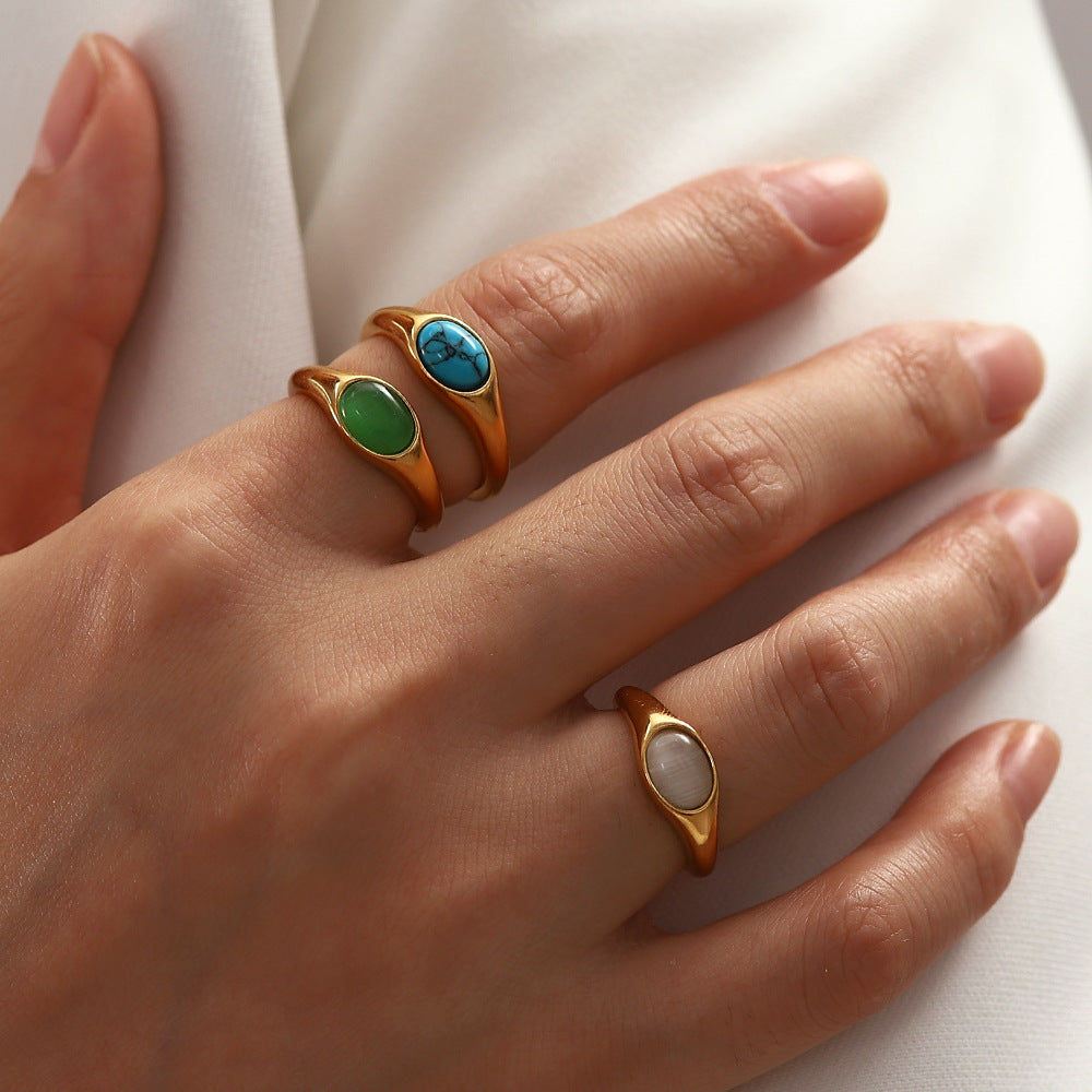 Women Fashion Versatile Titanium Steel Inlaid Oval Shape Gemstone Ring