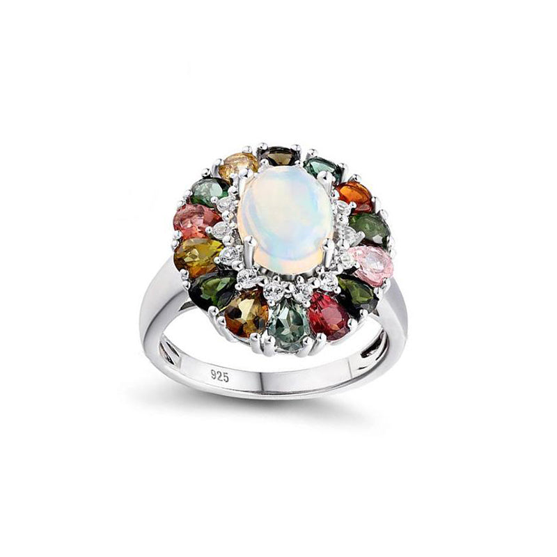 Anel de opala colorido genuíno luxuoso em prata esterlina S925