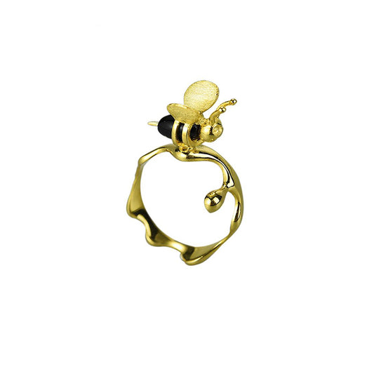 Creative Bee and Dripping Honey Natural Agate Ring in S925 Sterling Silver