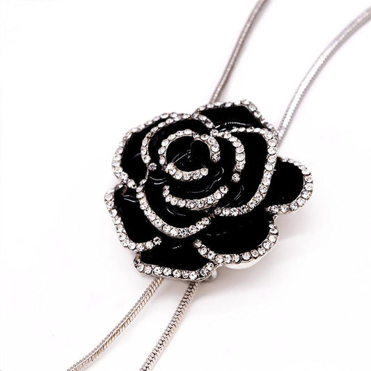 Women's Inlaid Diamond Black Flower Tassel Necklace