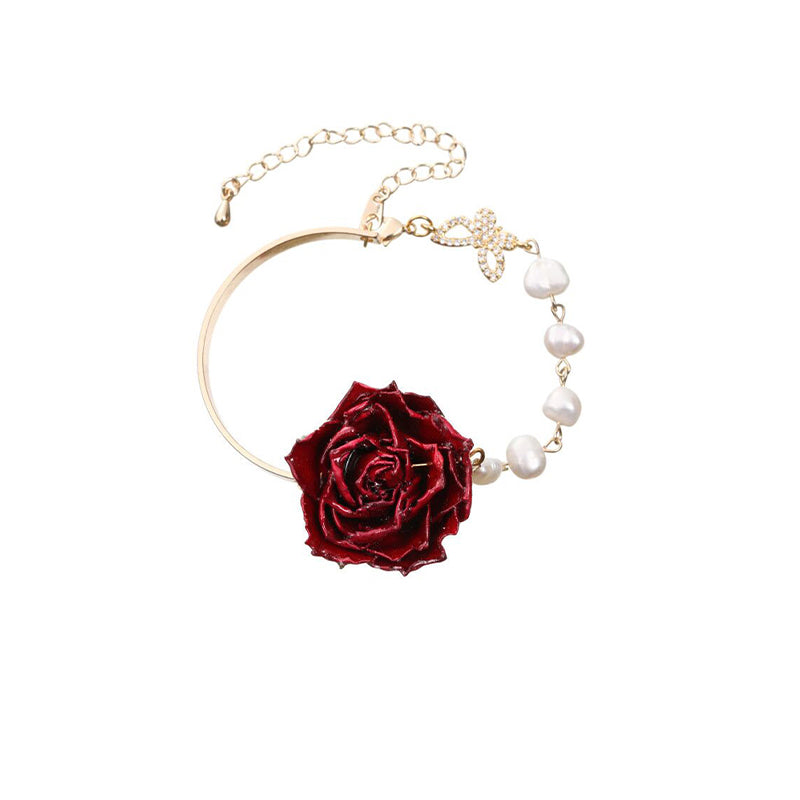 Vintage Niche Rose Flower Real Flower Jewelry Pearl Butterfly 925 Silver Bracelet for Women