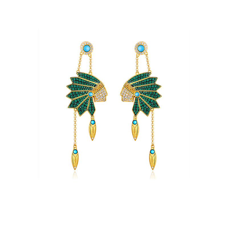 Boucles d'oreilles pendantes indiennes mystérieuses turquoise exagérées en argent sterling S925