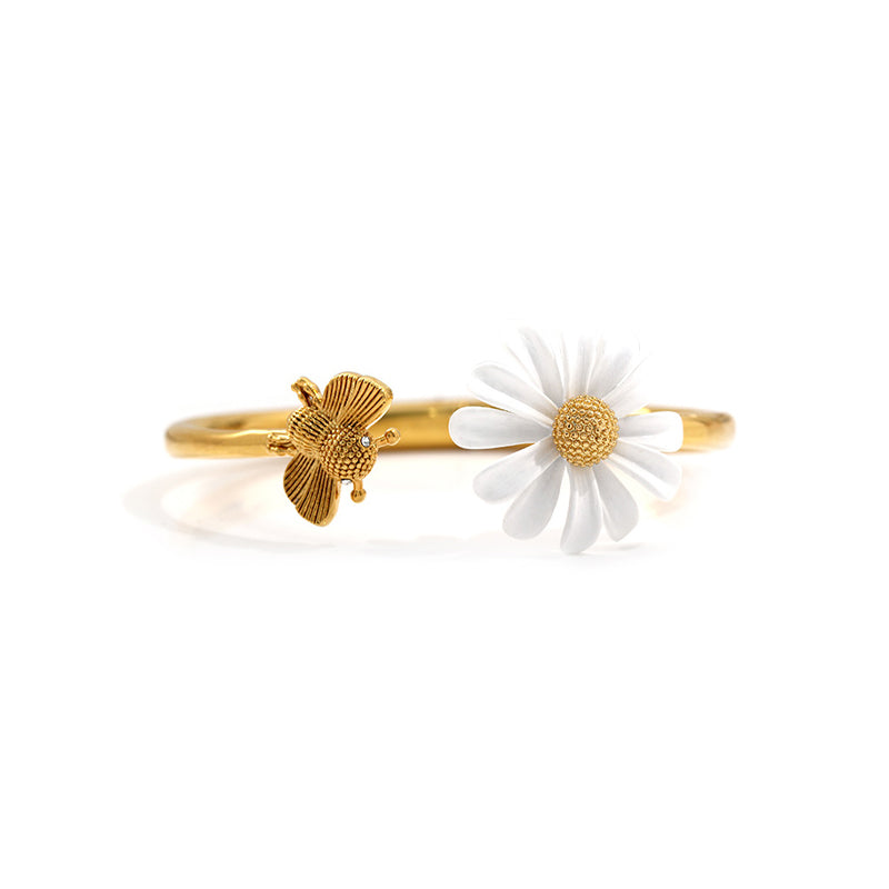 Small Fresh Daisy White Flower Bee Gold/Silver Plated Inlaid Stone Adjustable Bracelet for Women