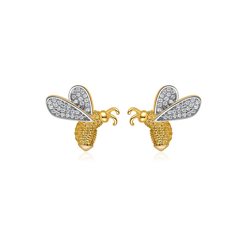 Brincos de abelha de diamante de prata doce e adorável com design de nicho banhado a ouro S925 para mulheres