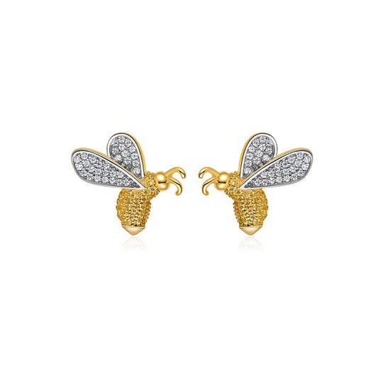 Pendientes de abeja de diamantes de plata S925 chapados en oro con diseño de nicho inteligente dulce y encantador para mujer