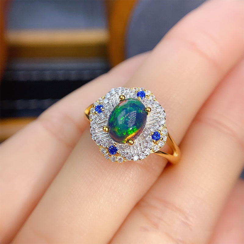 Luxury Temperament Natural Black Opal Ring in S925 Sterling Silver