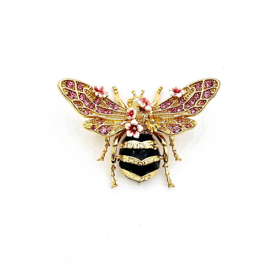 Gold-plated hand-painted glitter diamond bee pink flower creative brooch