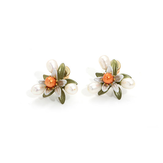 Vintage Elegant Orange Blossom Millet Natural Pearl Gold Plated Silver Earrings
