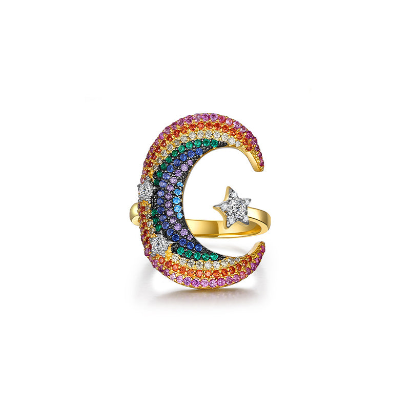 Anel ajustável de pedras preciosas coloridas de luxo em prata esterlina S925