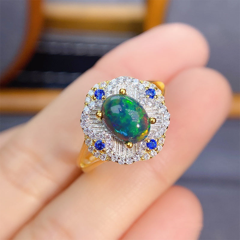 Luxury Temperament Natural Black Opal Ring in S925 Sterling Silver