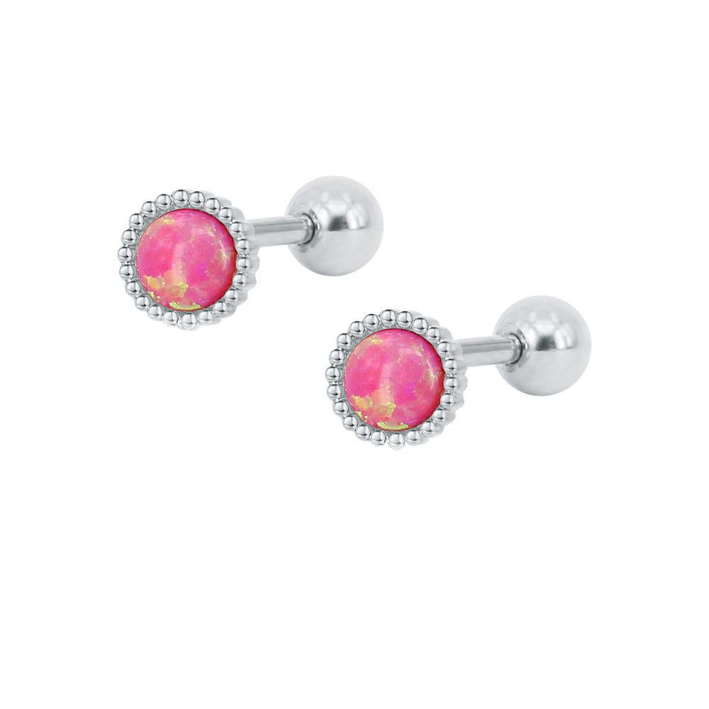 Double Threaded Fine Needle Round Opal Stainless Steel Ear Studs