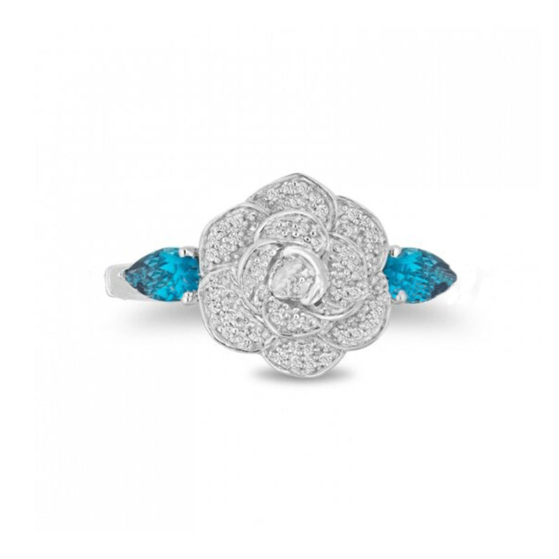 Anel de diamante clássico de luxo, pétala de rosa, topázio azul, temperamento