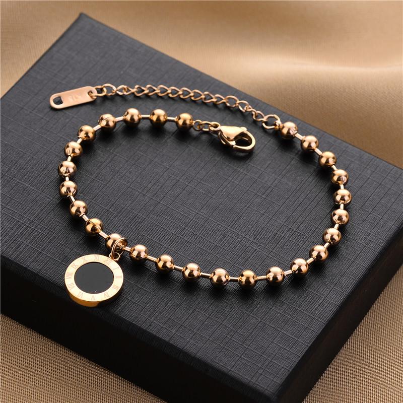 Rose Gold Electroplated Double Sided Roman Numeral Round Beads Bracelet