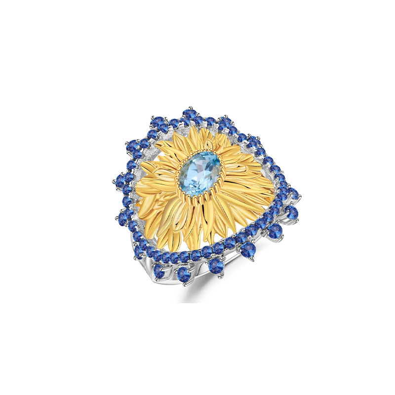 Anel de flores de topázio azul genuíno de luxo em prata esterlina S925