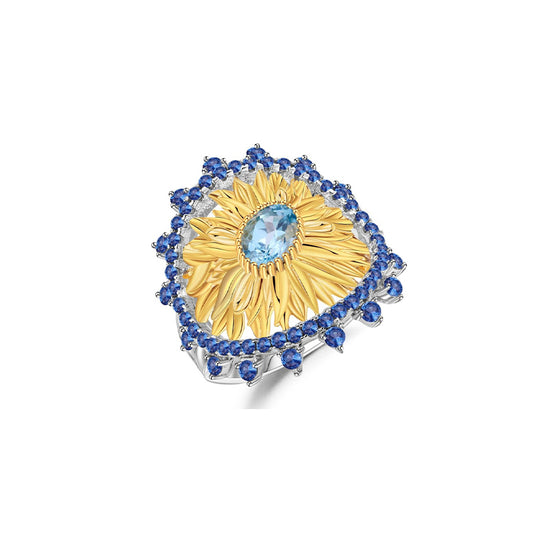 Luxury Genuine Blue Topaz Flower Ring in S925 Sterling Silver