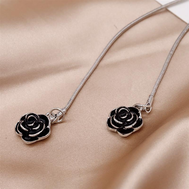Women's Inlaid Diamond Black Flower Tassel Necklace