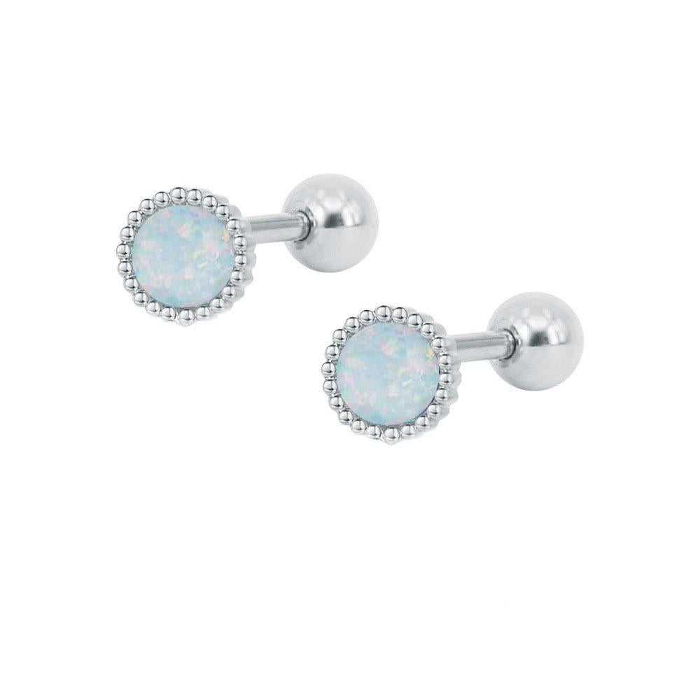 Double Threaded Fine Needle Round Opal Stainless Steel Ear Studs