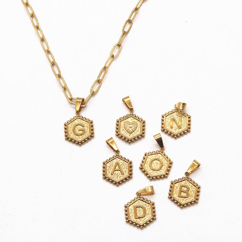 Fashionable 2 Layers Gold Plated Hexagon Alphabet Pendant Paperclip Necklace