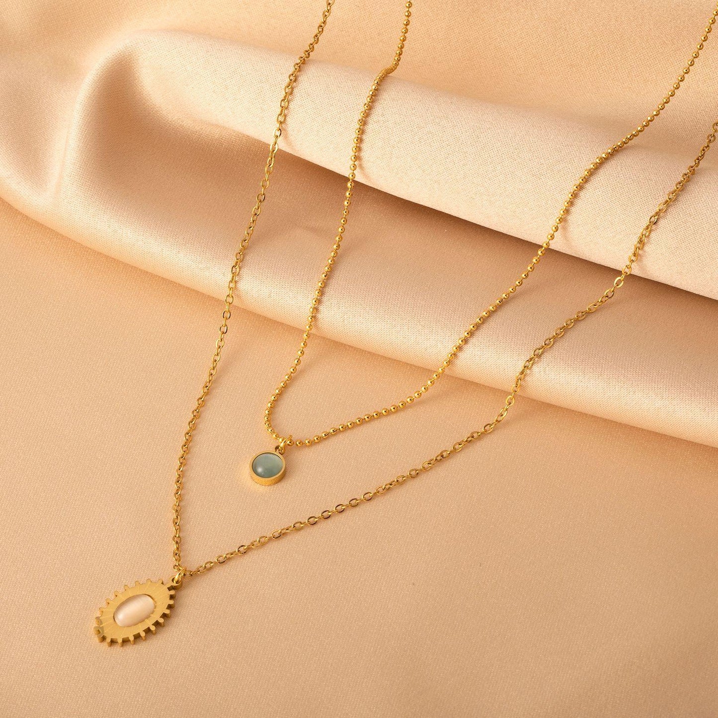 Non-fading oval pendant double layer necklace