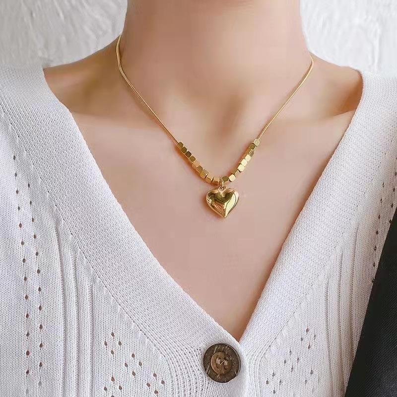 Small square necklace female big heart pendant retro snake bone chain