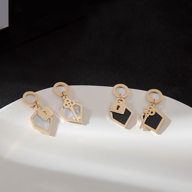 14K Gold Plated Black and White Key lock Titanium Steel Earrings