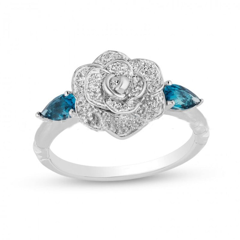 Anel de diamante clássico de luxo, pétala de rosa, topázio azul, temperamento