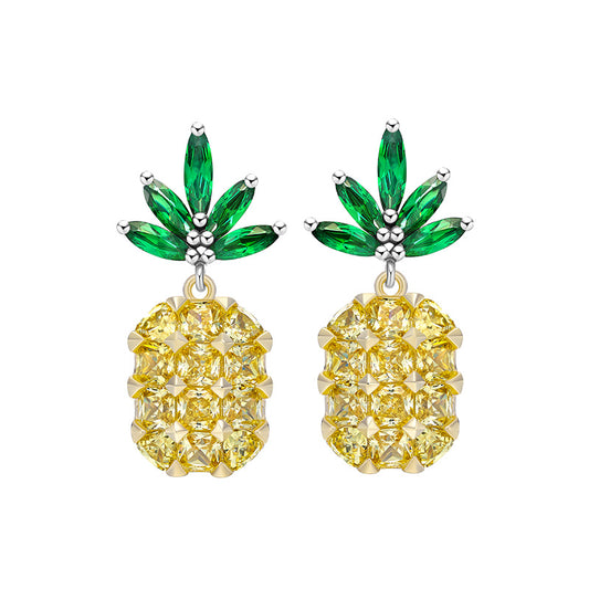 Gold Yellow Inlaid Zircon Pineapple Earrings in 925 Sterling Silver