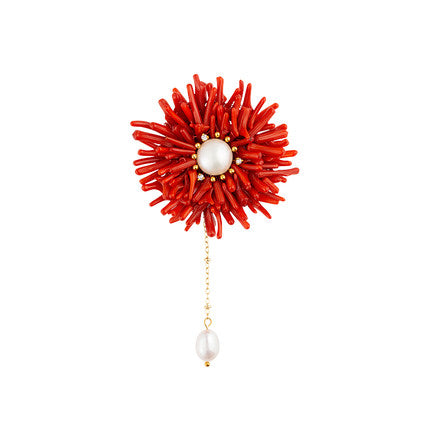 Broche de perlas de alta gama vintage sea bambú coral rojo