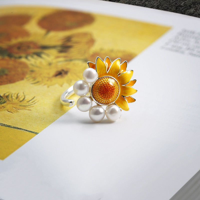 Sunflower Pearl Open Ring in 925 Sterling Silver