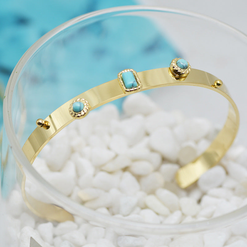 14K Gold Plated Turquoise Open Adjustable Titanium Steel Bracelet