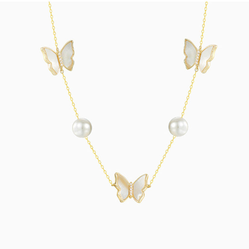 Flor de hortensia japonesa Pendientes dulces Collar de perlas de concha natural de mariposa